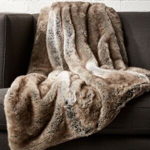 CB2 GRAY & TAN FAUX FUR THROW BLANKET 68" x 48"
